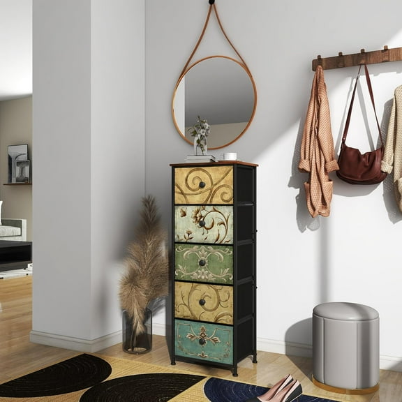 Small Dresser with Retro Flower Pattern Fabric Drawers Slim Storage Chest for Bedroom Living Room Entryway Multi Color