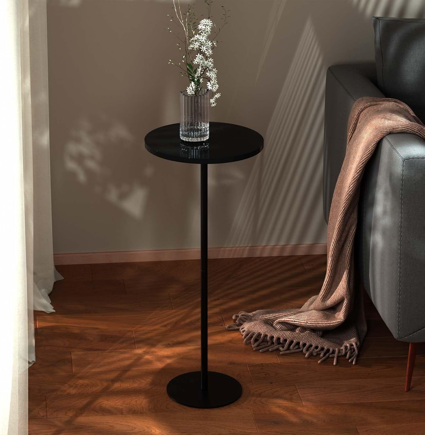 Small Round Drink Table For Tight Spaces - 24" High Pedestal Side Table With Wooden Top For Living Room, Bedroom, Bar