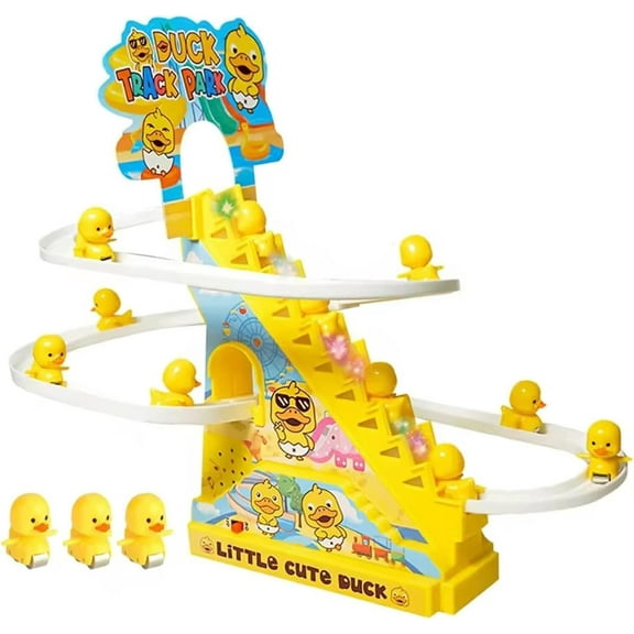 Small Ducks Climbing Toy Set, Electric Duck Climbing Stairs Tracks Slide Toys, Duck Roller Coaster Toy with Flashing Lights & Music, Birthday Gift for Kids Age 3+ (Battery Model)