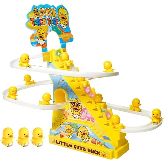Small Ducks Climbing Toy Set, Electric Duck Climbing Stairs Tracks Slide Toys, Duck Roller Coaster Toy with Flashing Lights & Music, Birthday Gift for Kids Age 3+ (USB-L with Remote)