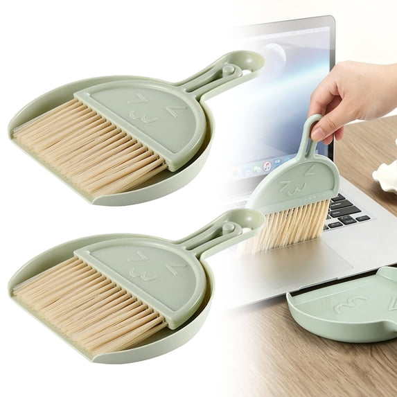 Small Dustpan and Brush Set, Mini Dustpan and Brush Whisk Broom and Dust Pan Tiny Cleaning Broom Mini Hand Broom for Table, Desk, Keyboard, Pet Nest, Set of 2 (Green)