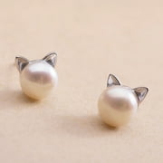 PZOCAPTE Small Earrings 925 Sterling Silver Stud Earrings Cute Cat Pearl Silver Needle Stud Earrings