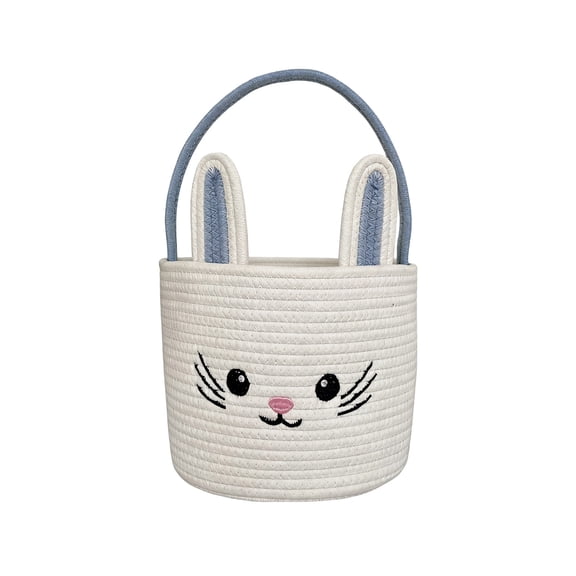 Small Easter Basket with Textured Long-Eared Coil Round Mechanism Theme Patterned Artwork Print Handles, Hand-woven Polyester Storage Basket for House , 9.84 in x 7.87 in x 7.87 in