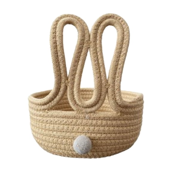 Small Easter Basket with Rabbit-Ear Handles and Pom-Pom Detail 7.87 in x 8.27 in Woven Cotton Rope Storage Bin for Shelves or Bathroom