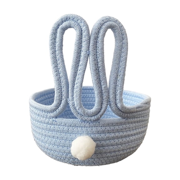 Small Easter Basket with Rabbit-Ear Handles and Pom-Pom Detail 7.87 in x 8.27 in Woven Cotton Rope Storage Bin for Shelves or Bathroom