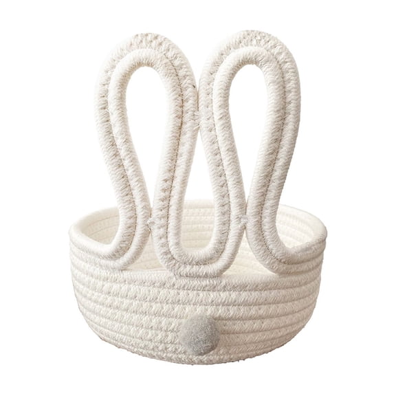 Small Easter Basket with Rabbit-Ear Handles and Pom-Pom Detail 7.87 in x 8.27 in Woven Cotton Rope Storage Bin for Shelves or Bathroom