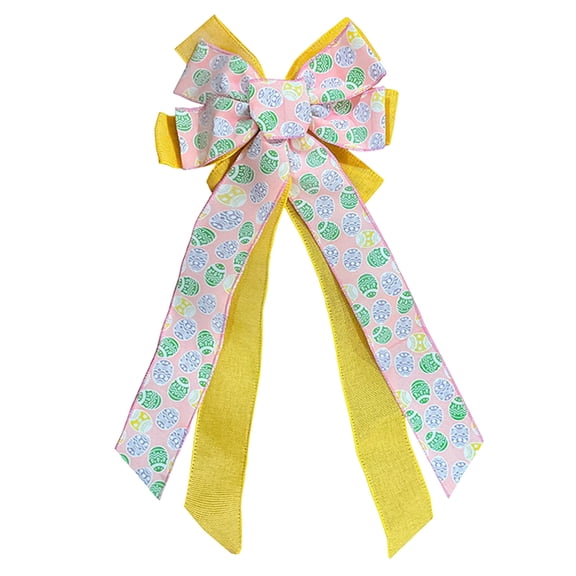 Small Easter Tree Topper Bow 24.8x11 Inch, Pre-Tied Wired Egg Ribbon Wreath Bows, Easter Ornaments with Long Wired Edge Streamer for Holiday Indoor Outdoor Party Decoration (C)