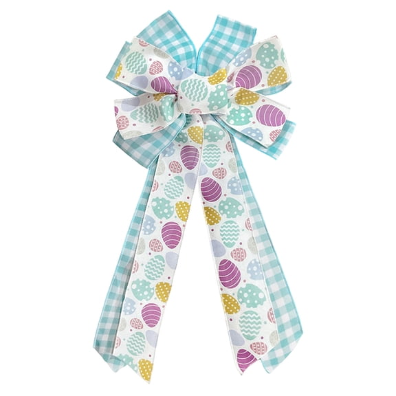Small Easter Tree Topper Bow 24.8x11 Inch, Pre-Tied Wired Egg Ribbon Wreath Bows, Easter Ornaments with Long Wired Edge Streamer for Holiday Indoor Outdoor Party Decoration (F)