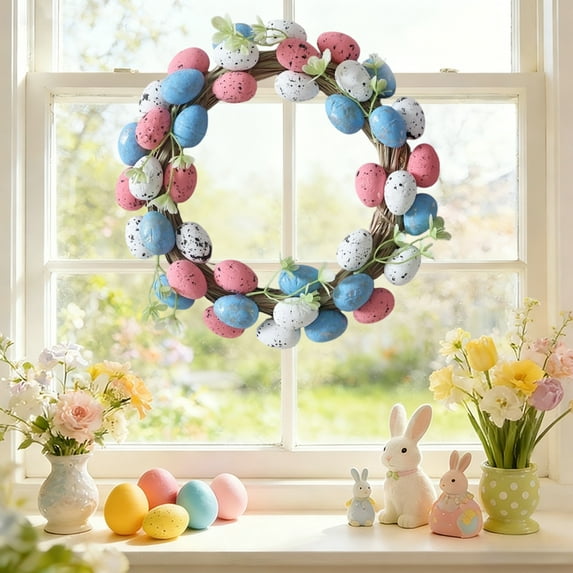 Small Easter Wreaths for Window Front Door Table Centerpiece Farmhouse Decor for Kitchen Cabinet Mini Spring Artificial Easter Egg Wreath with Ribbon Bow