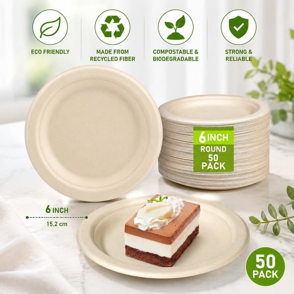 Small Eco Friendly Disposable Paper Plates, 50 Pack 6 Inch Biodegradable Compostable Recycled Dessert Plates for Parties and Picnics