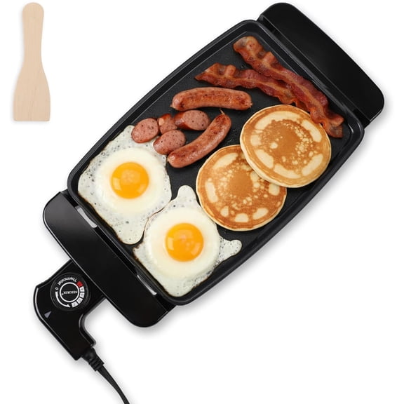 Small Electric Griddle, 10 Inch Mini Ceramic Non-Stick Electric Skillet with Adjustable Thermostat, 1200W Single Serve Grill for Breakfast, Cooking for Pancakes, Eggs, Sausage