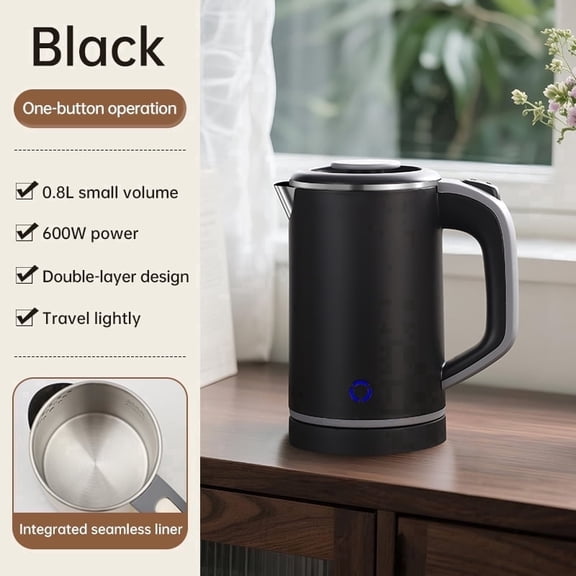 0.8L Portable Stainless Steel Electric Kettle, Double Layer Anti-Scald, Auto Shut-Off Mini Hot Water Boiler for Travel Camping Office, 600W Low Power