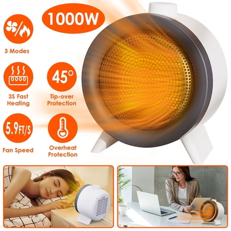 Mini Electric Space Heater Indoor, 1000W Fast Heating Ceramic, Overheating & Tip Over Protection, 3 Modes, Portable Electric Heater for Bedroom, Office and Indoor Use