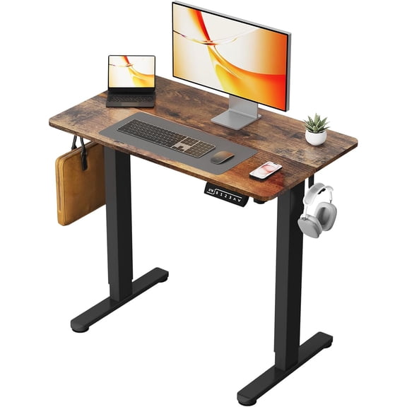 Small Electric Standing Desk, 35" ×20" Standing Table, Height Adjustable Compact Sit Stand Workstation with Splice Board, Home Office Desk with 2 Hooks, Rustic Brown