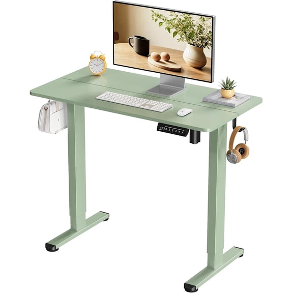 Small Electric Standing Desk, 35" ×20" Standing Table, Height Adjustable Compact Sit Stand Workstation with Splice Board, Home Office Desk with 2 Hooks, Sage Green