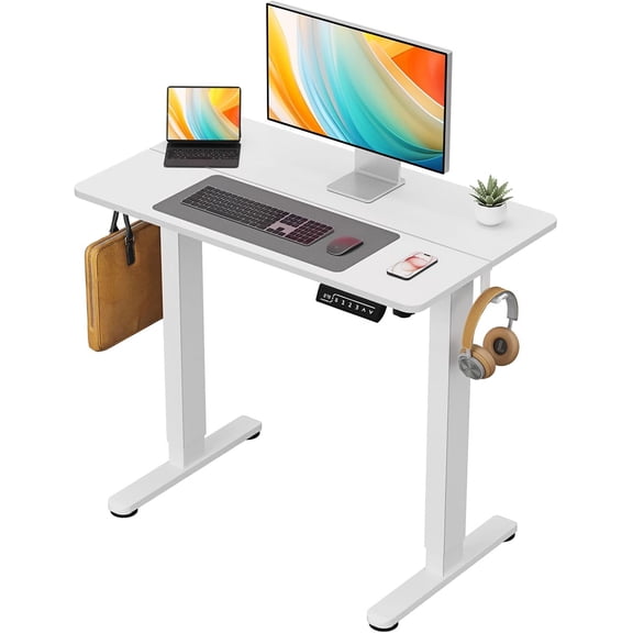 Small Electric Standing Desk, 35" ×20" White Standing Desk, Height Adjustable Compact Sit Stand Workstation with Splice Board, Home Office Desk with 2 Hooks