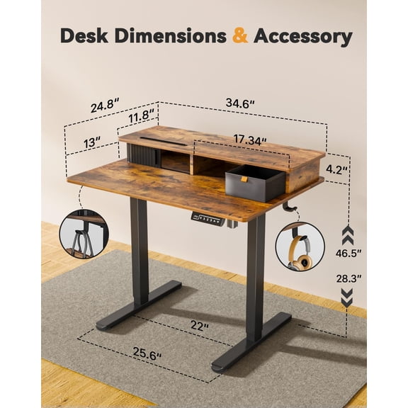 Small Electric Standing Desk, 35" x 25" Height Adjustable Desk with Built-in Monitor Stand & Storage Drawer, Sit Stand Desk with 2 Hooks for Home Office, Rustic Brown