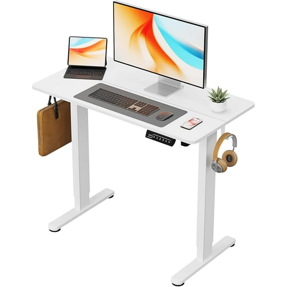 Small Electric Standing Desk, 40" ×20" White Standing Table, Height Adjustable Compact Sit Stand Desk with Splice Board, Home Office Table with 2 Hooks