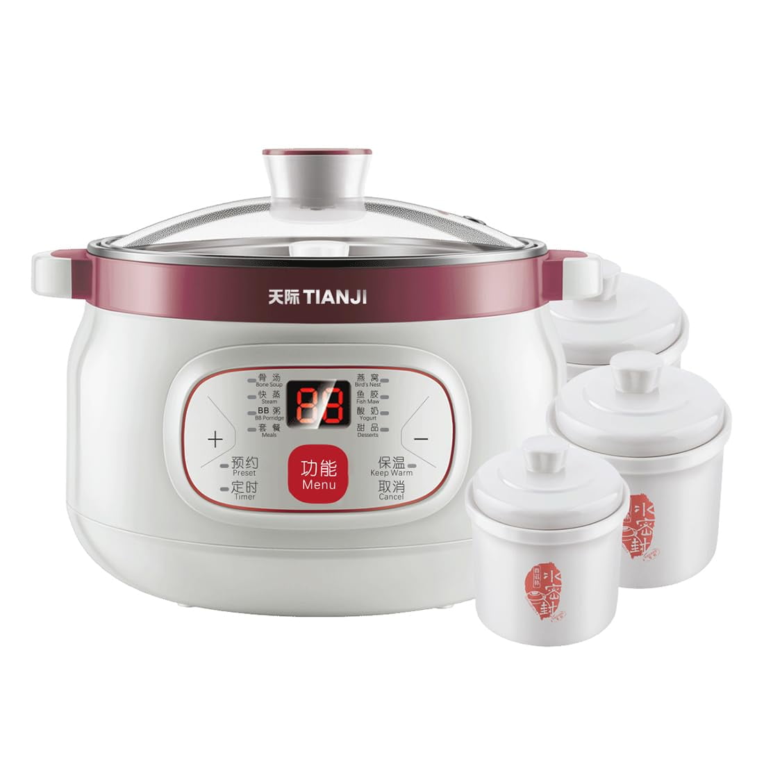 Small Electric Stew Pot, Multi-Purpose Ceramic Cooker for Soup, Desserts, Steaming, with Multiple Ceramic Liners, 1.8L+0.44L*3, DGD18-18CG