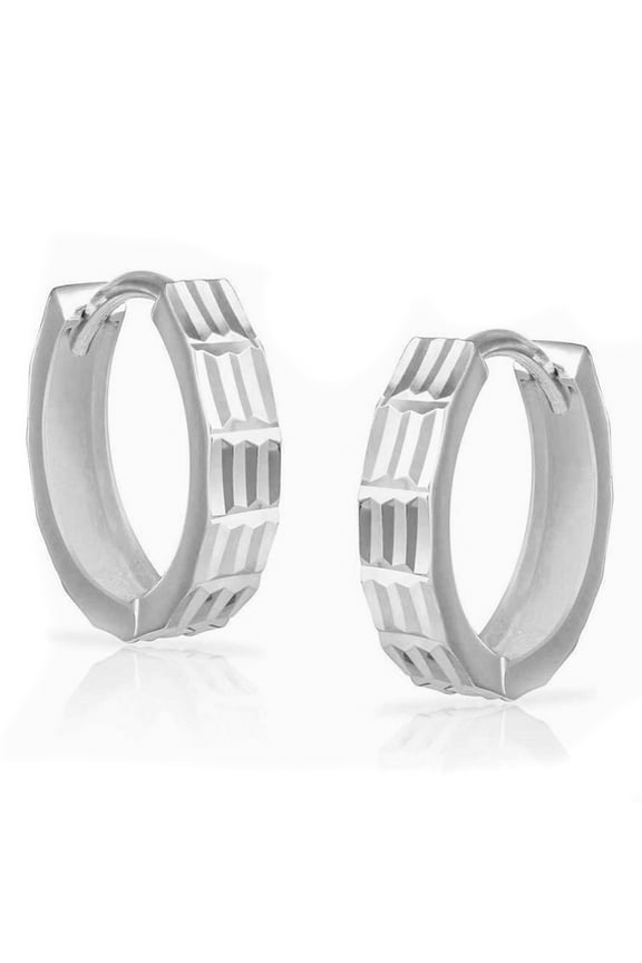 Small Elegant Men's Women White Gold Plated 925 Sterling Silver Textured Huggie Click Top Hoop Earrings