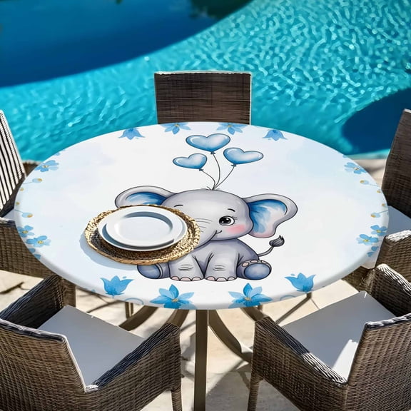 Small Elephants With Balloons Round Fitted Tablecloth with Elastic Edge,Waterproof Table Cloth Fits Tables Up to 45"-54",Wipeable Table Cover for Indoor Outdoor Dinning Party,Country Blue Flowers