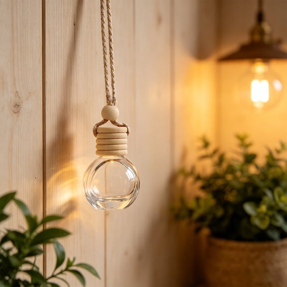 Small Empty Glass Diffuser Bottle 10ml | Refillable Wooden Cap Perfume Pendant for Car, Wardrobe & Home, Portable Hanging Scent Diffuser with Jute Rope