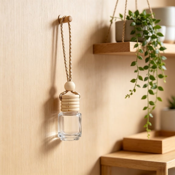 Small Empty Glass Diffuser Bottle 5ml | Refillable Wooden Cap Perfume Pendant for Car, Wardrobe & Home, Portable Hanging Scent Diffuser with Jute Rope