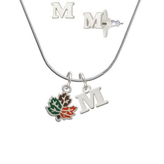 Small Enamel Fall Leaf - M Initial Charm Necklace and Stud Earrings Jewelry Set