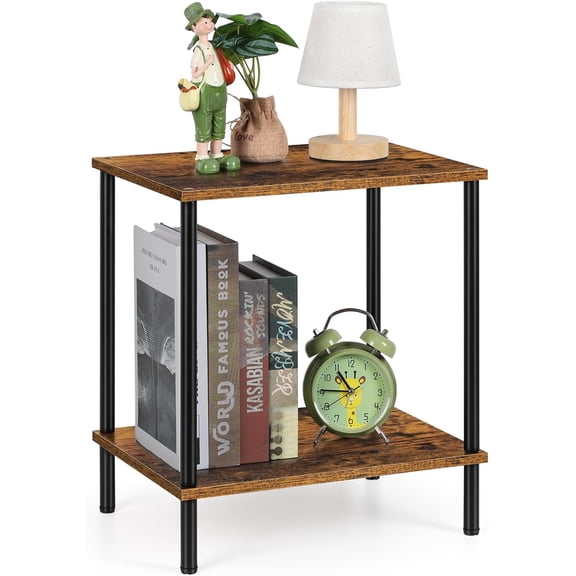 Small End Table 2 Tier Wood Metal Rustic Side Table Living Room with Storage Shelf Narrow Bedside Table for Small Spaces Bedroom Office, Brown