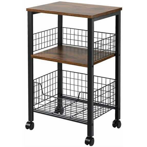 Small End Table, 3-Tier Side Table with Storage Basket, Industrial Style Side End Table for Living Room Bedroom Kitchen Bathroom, Rustic Brown