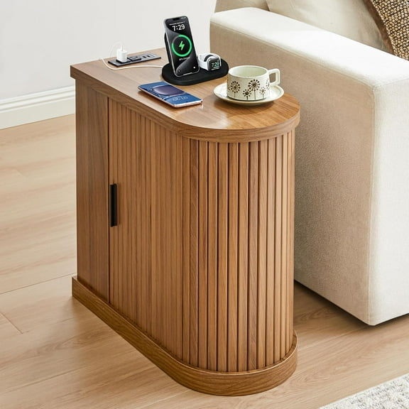 Small End Table, Narrow Side Table, Skinny Nightstand with Charging Station, Mid-Century Modern Curved Fluted Bedside Table with Door and Shelf for Small Spaces,Living Room,Bedroom,Walnut