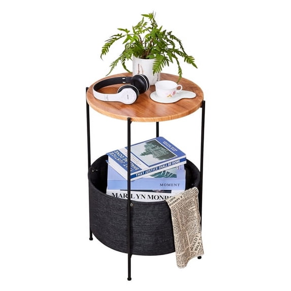 Small End Table, Sofa Side Table/Fabric Storage Basket, Round Coffee Table, Vintage Snack Table, Industrial Bedside Table, Metal Nightst/Detachable Wood Tray for Living Room Bedroom Balcony