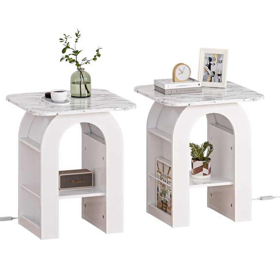 Small End Tables Living Room Set of 2 for Small Spaces,19" Marble Top Nightstand with RGB Strip, Side Table with Storage Shelf(White)