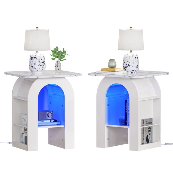 Small End Tables Living Room Set of 2 for Small Spaces, 19"W Marble Look Top Nightstand with RGB Strip, Side Table with Storage Shelf(White)