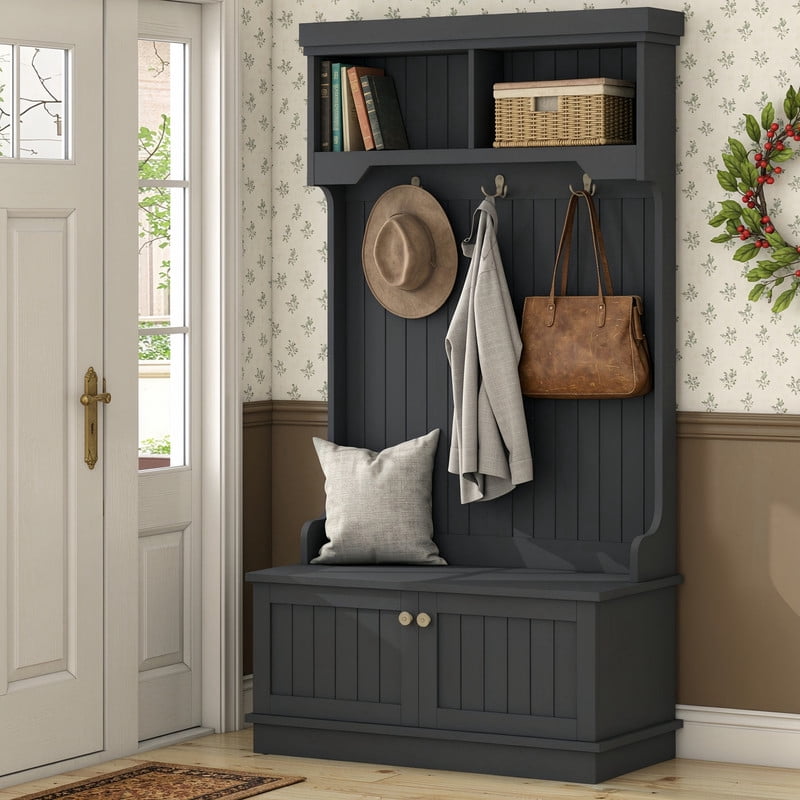 Small Entryway Hall Tree with Shoe Storage Bench, Hallway 4-in-1 Design Coat Cabinet with Hooks & Open Compartments