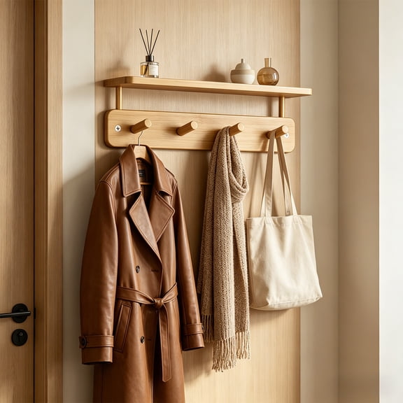 Small Entryway Shelf with Hooks, Wall Mounted Coat Rack with Shelf for Small Spaces, Wooden Floating Wall Organizer for Entryway, Mudroom, Nursery, Bathroom & Kitchen