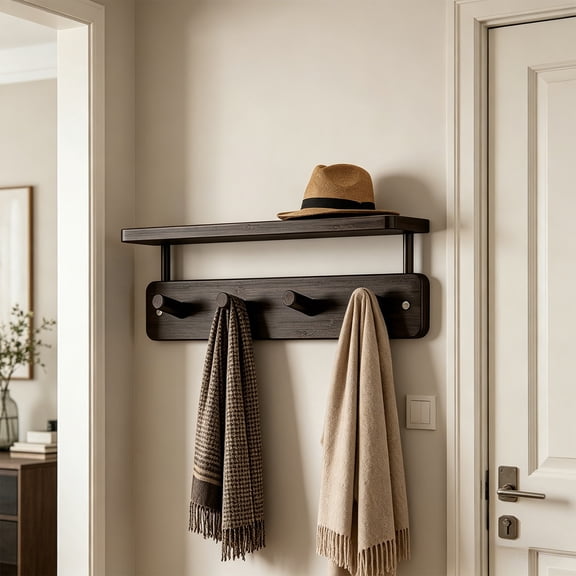 Small Entryway Shelf with Hooks, Wall Mounted Coat Rack with Shelf for Small Spaces, Wooden Floating Wall Organizer for Entryway, Mudroom, Nursery, Bathroom & Kitchen