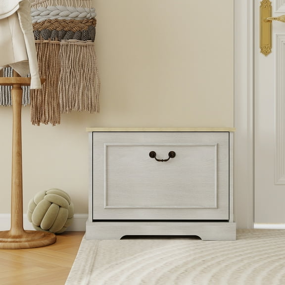 Small Entryway Shoe Storage Bench with Flip-Top Drawer & Adjustable Shelf - Space-Saving Shoe Cabinet for Hallway, Bedroom, Antique White