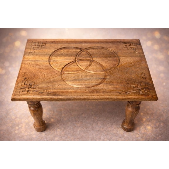 Small Eternal Circle Of Life Wooden Altar Table For Meditation Puja Wiccan Buddhist Tea Low Side Table