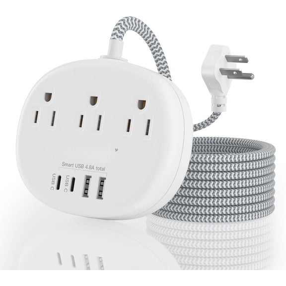 Small Extension Cord - Braided Extension Cord 10 , 13 Amp (1625W) Power Strip with 3 AC Outlet 4  (24W/4.8A), College Dorm Room Essentials, White