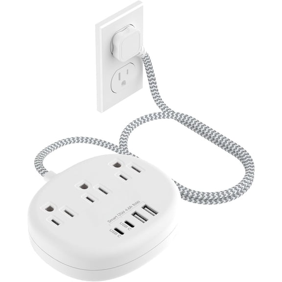 Small Extension Cord with  C - 5 FT Short Extension Cord, 1625W 3 Prong Power Strip with 3 AC Outlet 4  (24W/4.8A), Bedside  Station for  Office Dorm Room Essentials