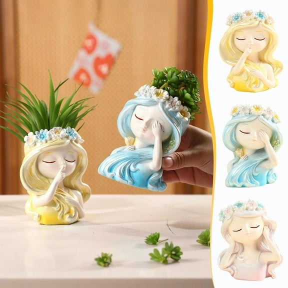 Small Fairy Head Planter Fairy Girl Pots Decorative Flower Pots Head Planter Girl Face Flower Pot Cute Resin Cactus Planters Decoration Gift for Women Home Office Garden Decor