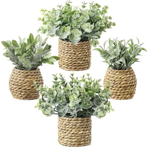 Small Fake Potted Plants: 7 Inches Artificial Plants with Seagrass Handwoven Planters, Indoor Farmhouse Spring Decorations, Eucalyptus Plant for Home Bathroom Office Shelf Tabletop Desk Room Decor