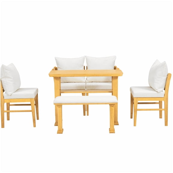 Small Farmhouse Solid Wood Kitchen Nook Table Set for 6 with Bench & Chairs, Natural White Space Saving Corner Dining Set