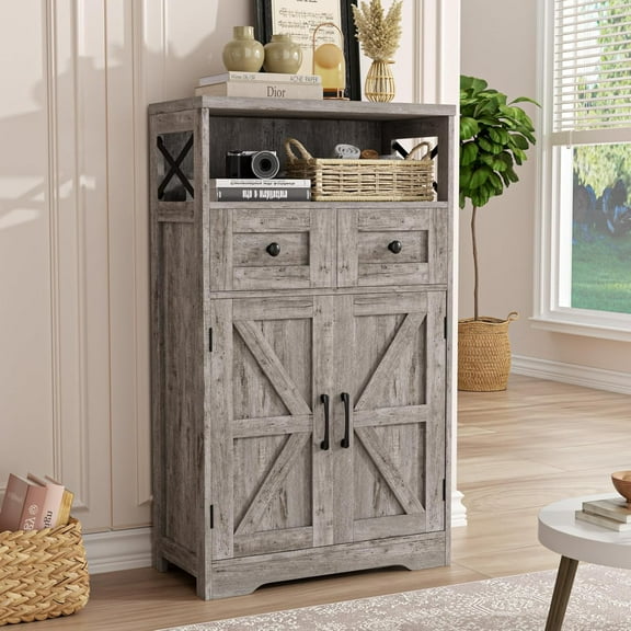 Small Farmhouse Storage Cabinet with Barn Doors, Tall Washed Grey Kitchen Pantry Cabinet or Coffee Bar Hutch