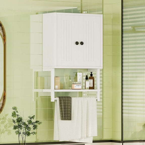 Small Farmhouse Style Rustic Medicine Cabinet with Two Barn Doors, Wooden Wall Mounted Storage Cabinet with Shelf and Towel for Bathroom, Living Room, Kitchen, White