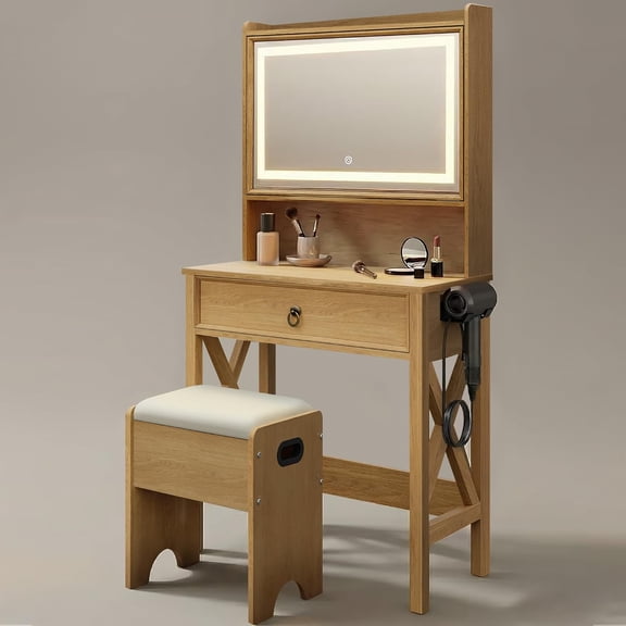 Small Farmhouse Vanity Desk with Lighted Mirror & Charging Station, 24" Rustic Brown Makeup Vanity Table Set with Top Shelf & Hidden Storage, X-Frame, Industrial Compact Dressing Desk with Stool