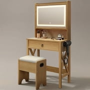 Small Farmhouse Vanity Desk with Lighted Mirror & Charging Station, 24" Rustic Brown Makeup Vanity Table Set with Top Shelf & Hidden Storage, X-Frame, Industrial Compact Dressing Desk with Stool