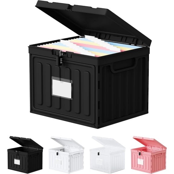 Small File Cabinet, Plastic File Box with Lid for Letter Size Hanging File Folders, Easy Carry Filling Box for Home, Office, School, Vertical File Cabinets, Stackable Storage Bins(Black, 1 Pcak)