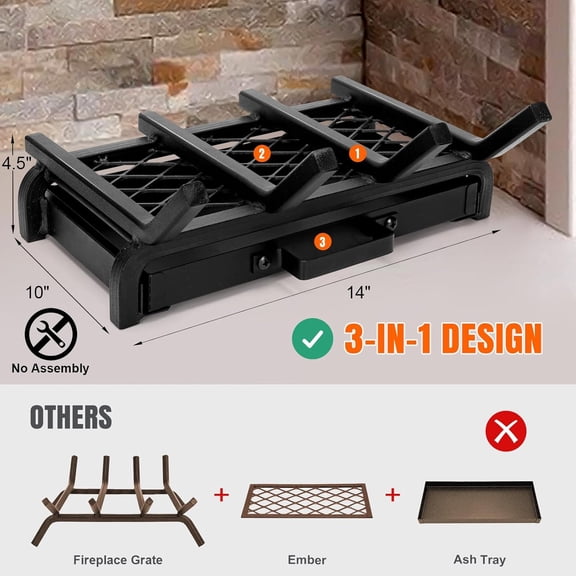 Small Fireplace Grate 14 Inch - Wood Stove Log Holder with Ash Tray, Heavy Duty Cast Iron Rack for Indoor Outdoor Use